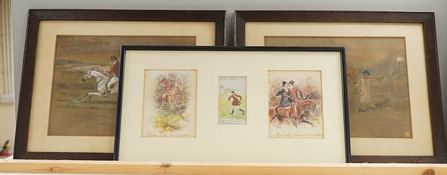George Finch Mason (1850-1915), Hunting interest, to include 'Cut along old girl', pair of watercolours heightened with white, together with a set of three similar ink and watercolours, framed as one, each signed, larges